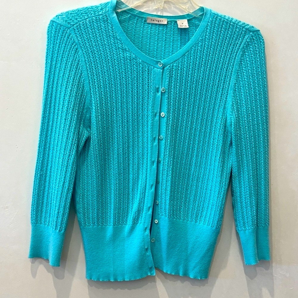 Halogen NWOT Turquoise Button-Up Cardigan Medium Long Sleeves Lightweight